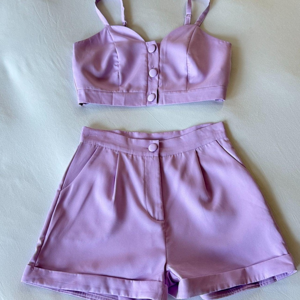 Lavender Satin Crop Top & Shorts Set Two Piece Co-ord Lilac Purple Women S/M